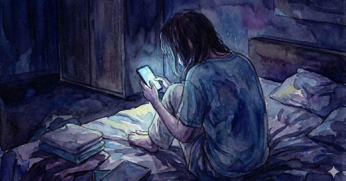 夜の部屋で布団に座り、スマートフォンの画面を見つめる女性
