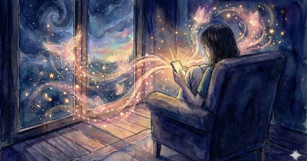 夜の窓辺で椅子に座り、スマートフォンの光と幻想的な光に包まれる女性