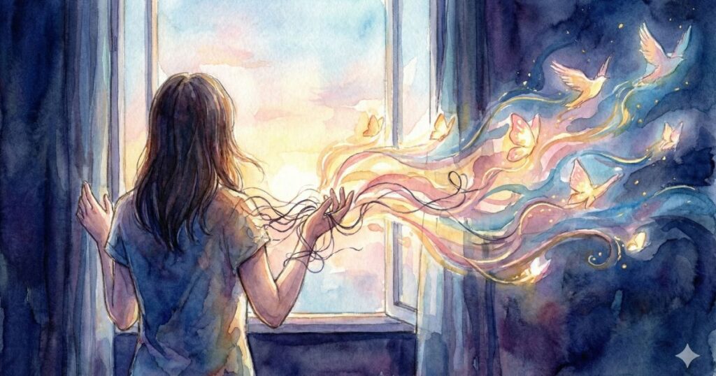窓の前に立つ女性が、朝の光とともに舞う蝶を見つめている