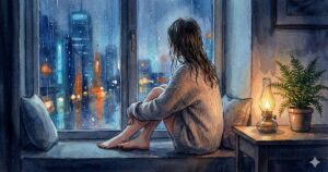 雨の夜、窓辺に座り街の明かりを静かに見つめる女性