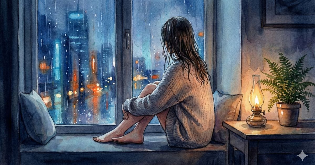雨の夜、窓辺に座り街の明かりを静かに見つめる女性