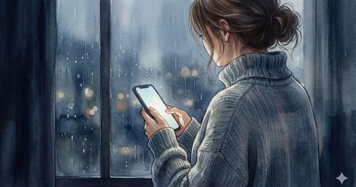 雨の夜、窓辺でスマートフォンを見つめるニット姿の女性