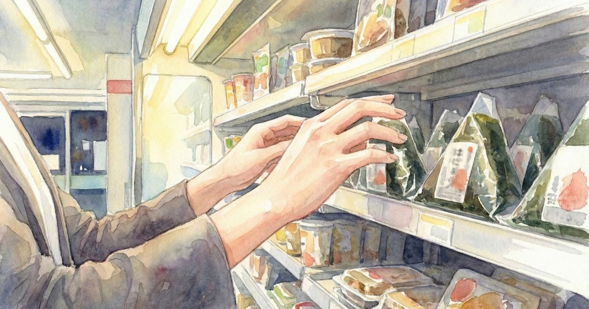 夜のコンビニで、棚の商品にそっと手を伸ばす女性の手元