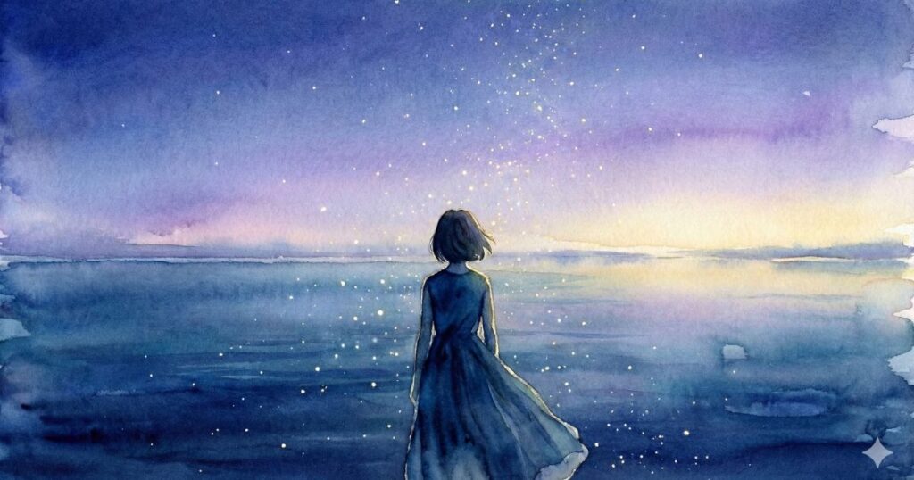 夜明け前の海辺で、ひとり静かに立つ女性の後ろ姿を描いたイラスト