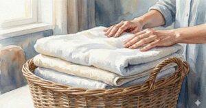 かごに重ねられた白いリネンを、窓辺の光の中でそっと整える手元