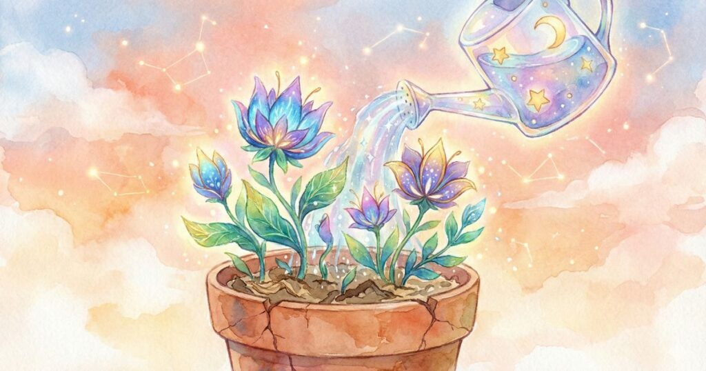 水を注がれながら、静かに育っていく花を描いた水彩調のイラスト