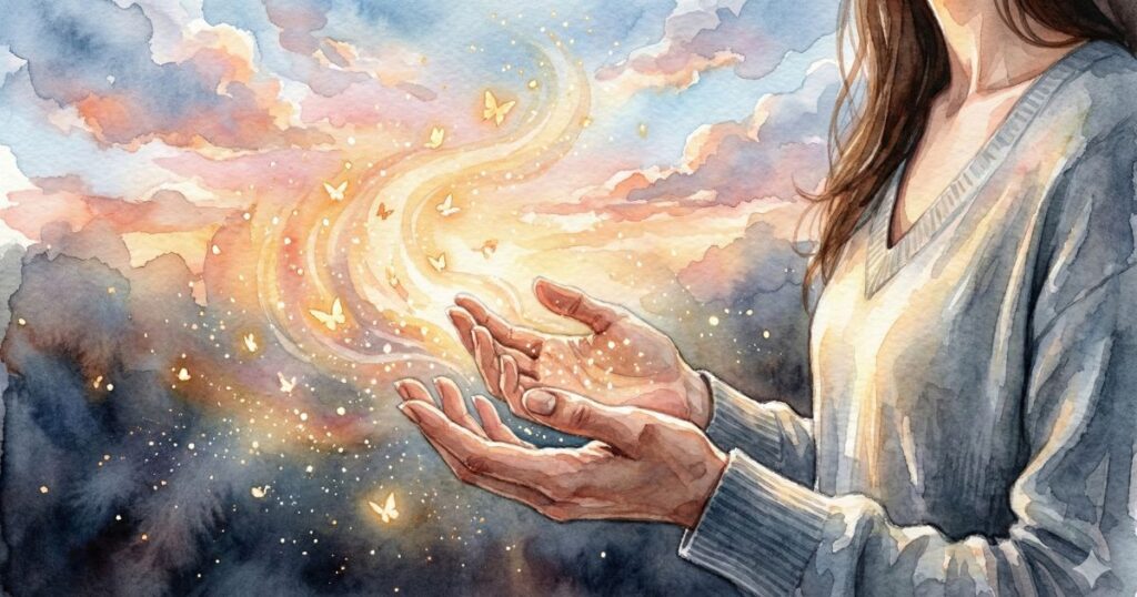 やさかな光が手のひらに集まり、空へ舞い上がっていく水彩画風のイラスト