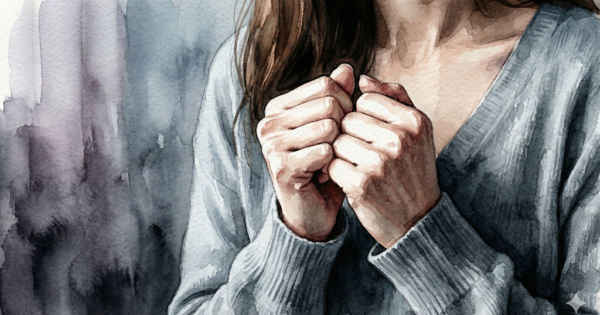 不安そうに胸元で手を握りしめる女性の水彩調イラスト