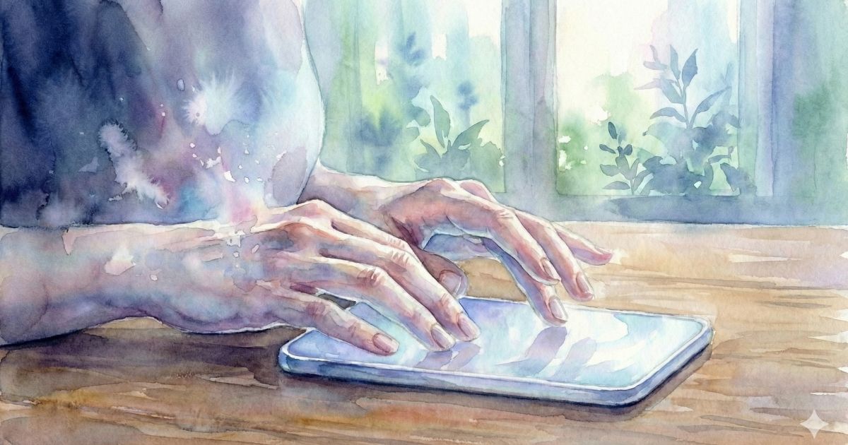 窓辺の木のテーブルで、両手でスマートフォンに触れている水彩風のイラスト