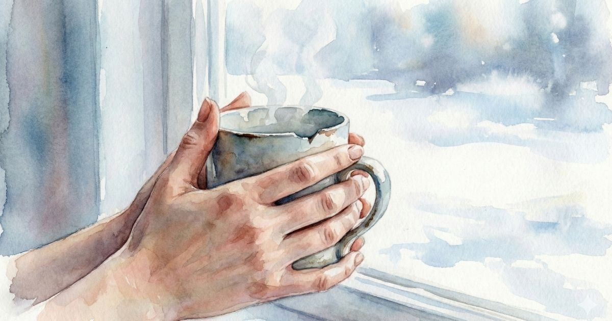 窓辺で欠けたカップを両手で包む人の手