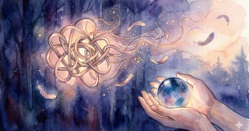 暗い森のような背景で、絡まり合った光の糸と、手のひらに置かれた小さな光の球