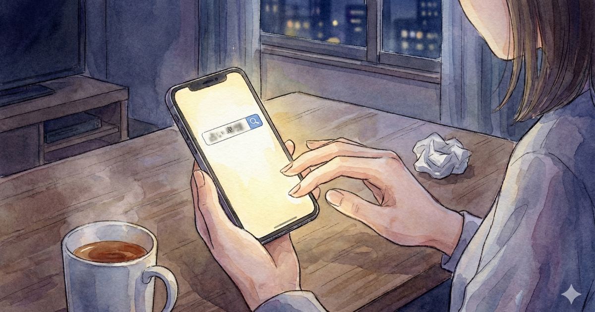 夜の部屋で、温かい飲み物のそばでスマホを見つめながら検索している女性の手元