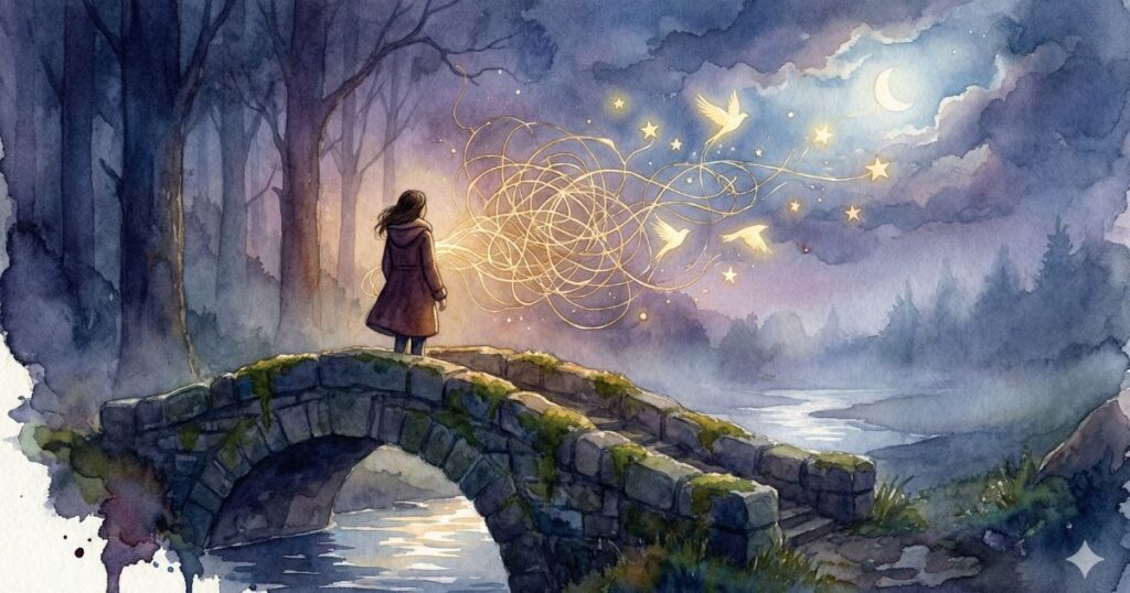 夜の森の橋の上で光に導かれるように立つ女性の後ろ姿