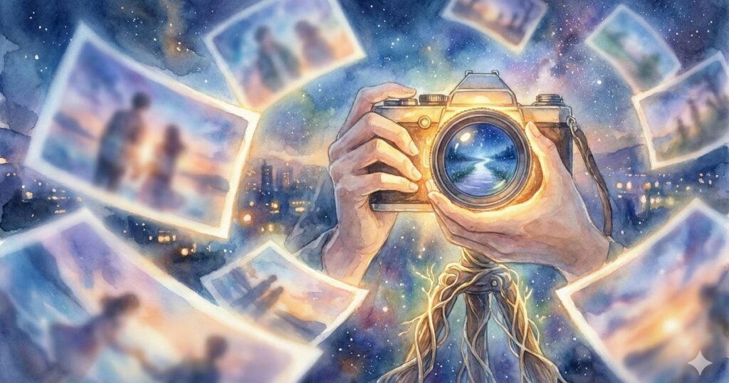 夜空の中でカメラを構える手元と、周囲に浮かぶ思い出の写真