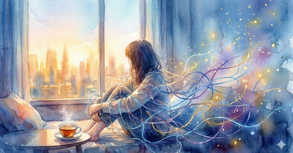 朝の窓辺で街の光を眺めながら、温かい飲み物とともに座る女性の後ろ姿