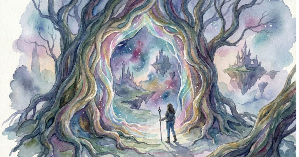 幻想的な森の奥に開いた光の通路を前に立つ人物の後ろ姿