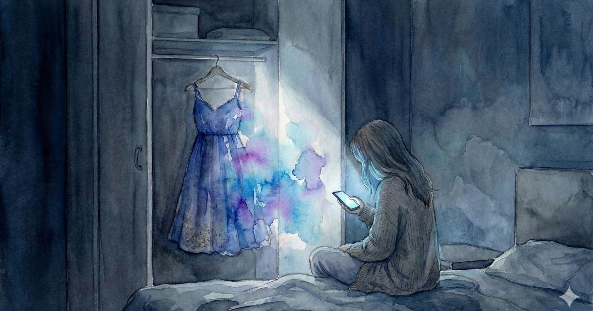 クローゼットに掛けられた青いワンピースを前に、ベッドに座ってスマホを見つめる女性