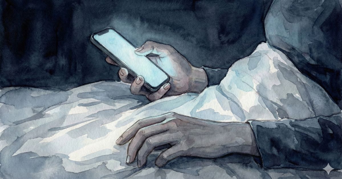 布団の中でスマートフォンの画面を見つめる手元のイラスト