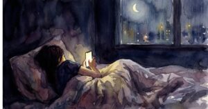 夜のベッドで月明かりの中、スマートフォンを見つめる女性の後ろ姿