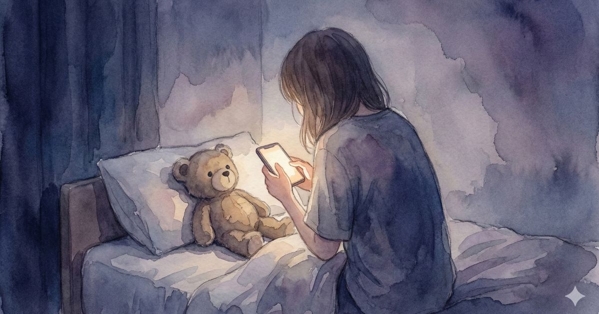 夜のベッドでスマホを見つめる女性と、枕元に座るぬいぐるみのイラスト
