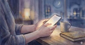 夜の部屋で、窓のそばに座りスマホの画面を静かに見つめる手元