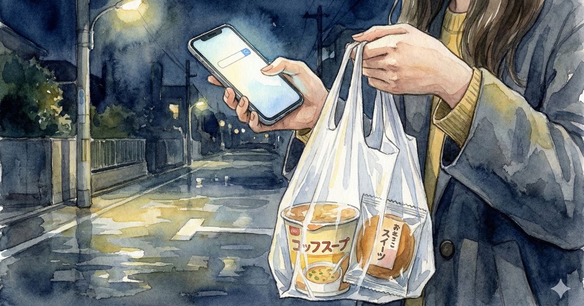 夜の街灯の下で、コンビニ袋を持ちながらスマートフォンを見つめる女性の手元
