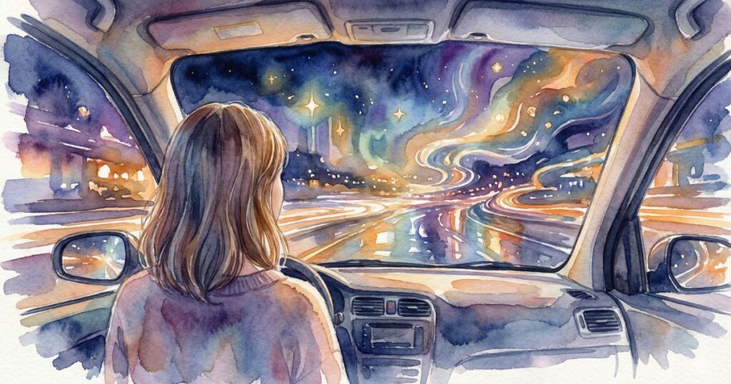 夜の車内で、運転席から星空と光の流れる道路を見つめる女性の後ろ姿