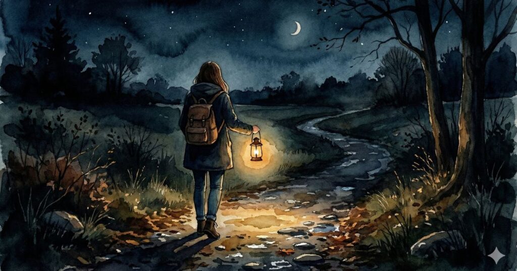 夜道をランタンの灯りで照らしながら歩く女性の後ろ姿のイラスト