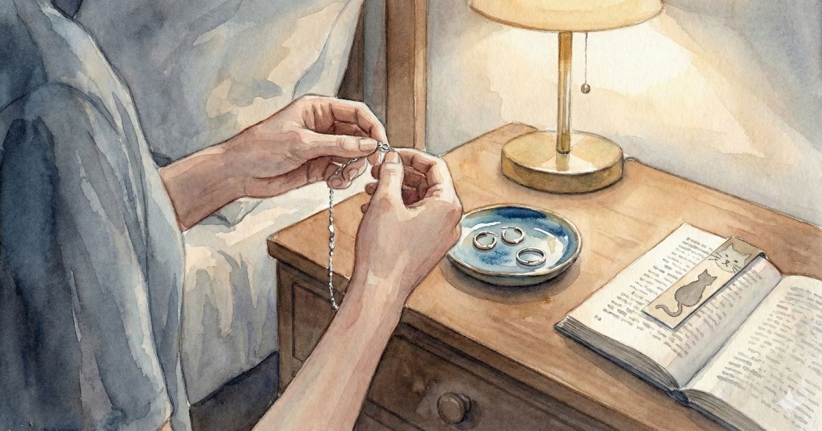 夜の部屋で、小さな皿の上の指輪を前に、ネックレスを両手で扱う人の手元