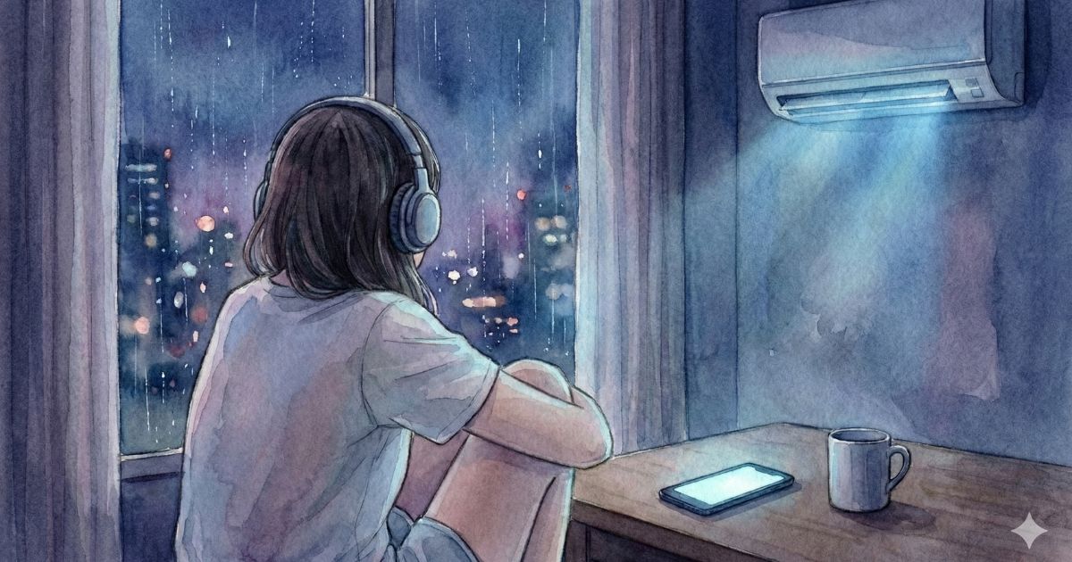 雨の夜、ヘッドホンをつけて窓の外の街明かりを見つめる女性の後ろ姿