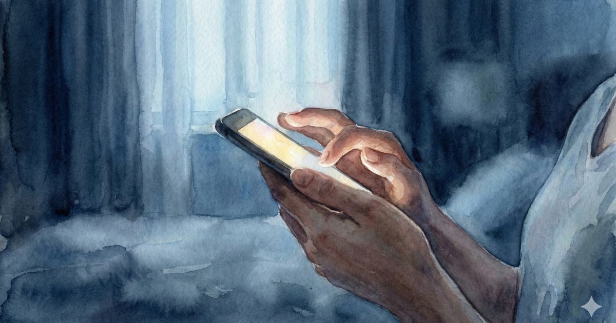 夜の部屋でスマートフォンを両手で見つめる女性の手元