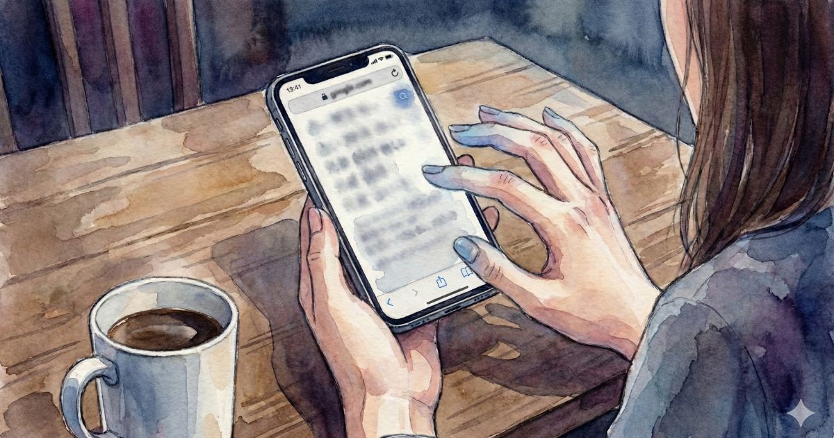 夜のテーブルで、ぼやけたスマホ画面を見つめながら考え込む女性の手元