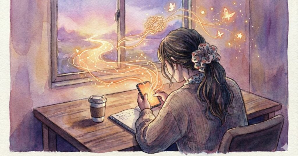 夜の部屋で、窓の外へ伸びる光の流れを背に、スマートフォンを見つめる女性の水彩イラスト