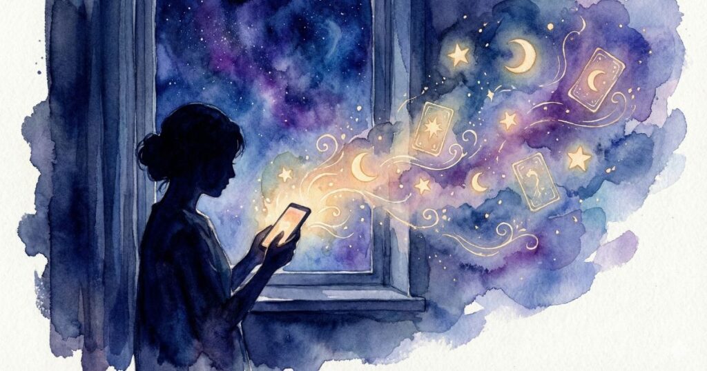 夜の窓辺でスマートフォンを見つめる女性のシルエットと、月や星、カードのような光が広がる幻想的な風景