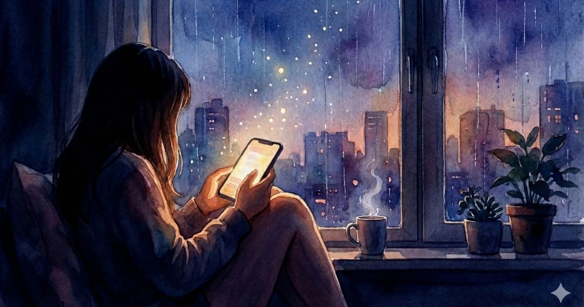 雨の夜、窓辺でスマートフォンの光を見つめる女性の後ろ姿