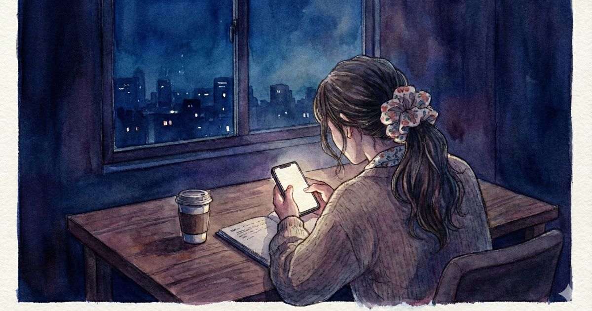 夜の部屋で、窓の外の街明かりを背にスマートフォンを見つめる女性の水彩イラスト