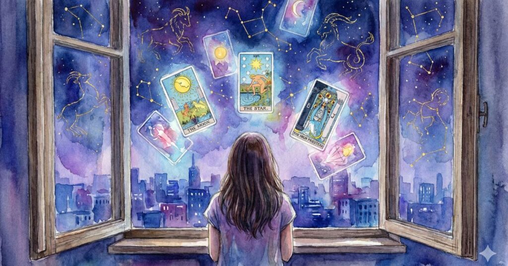 夜の窓辺で、星空と浮かぶタロットカードを見つめる女性の後ろ姿