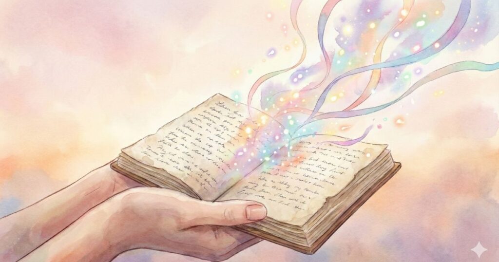 開いたノートから、言葉が光のように広がっていくイメージ