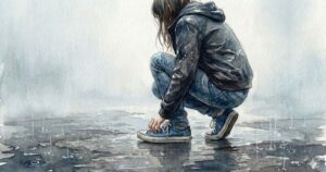 雨の夜、濡れた地面にしゃがみ込み靴ひもを結び直す女性の後ろ姿