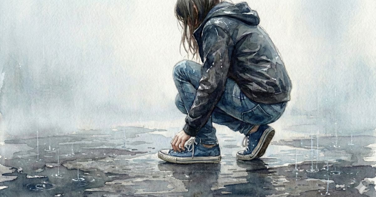 雨の夜、濡れた地面にしゃがみ込み靴ひもを結び直す女性の後ろ姿