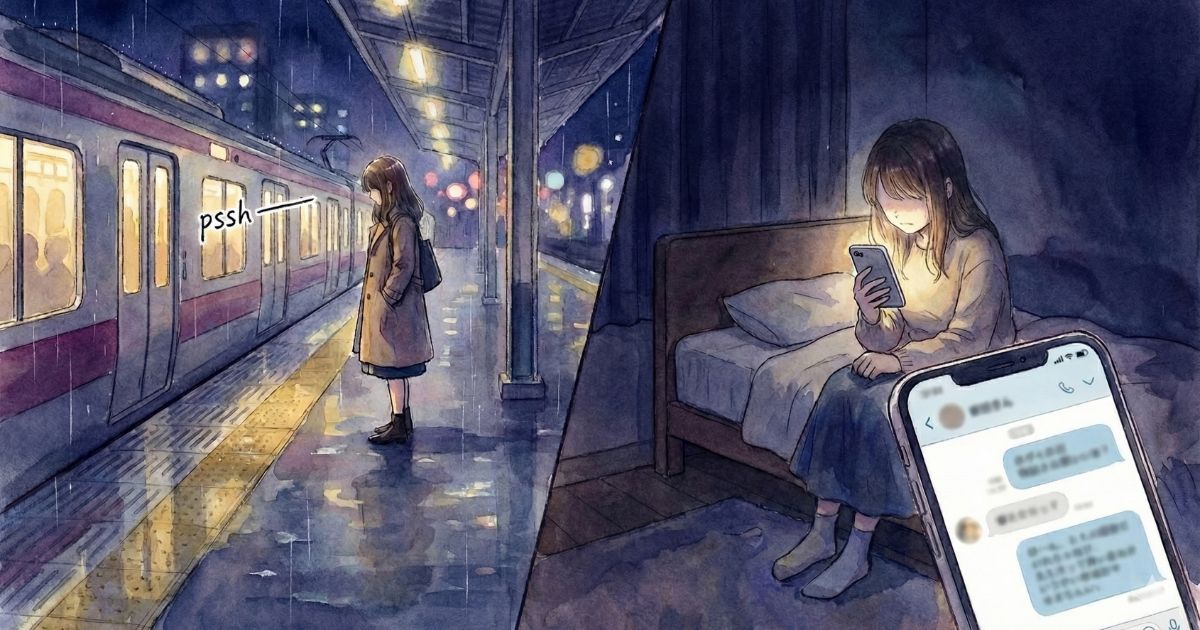 雨の夜の駅で電車を見送り、同時に部屋でスマホの返信を待つ女性の心情を描いた水彩イラスト
