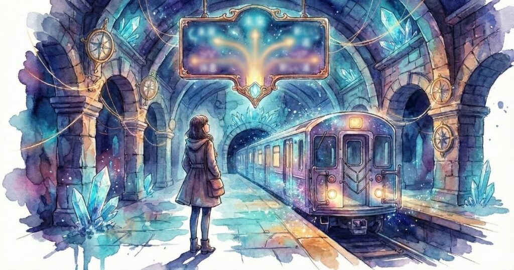 地下の駅ホームで電車を前に立ち止まる人物の後ろ姿