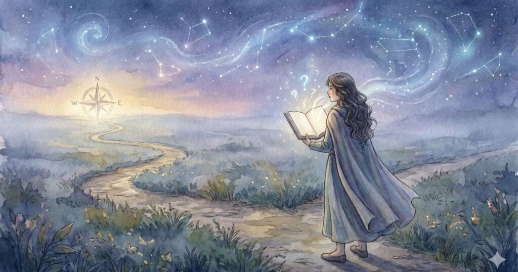 星空の下で本を手に立ち止まり、進む道を見つめる女性のイラスト