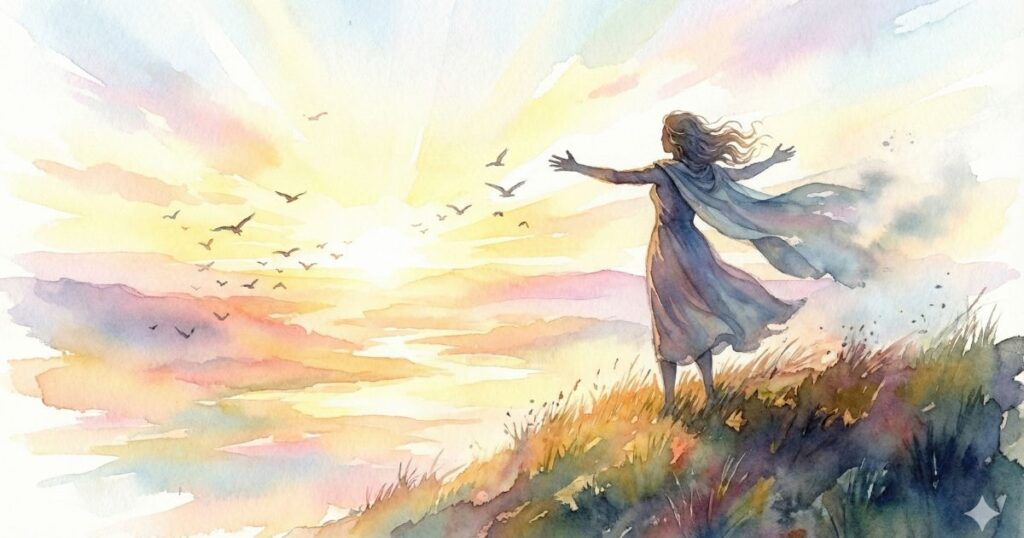 朝焼けの空の下、丘の上で両腕を広げて風を受ける女性を描いた水彩イラスト