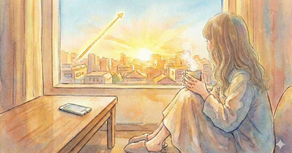 朝日が差し込む部屋の窓辺で、机の上にスマートフォンを置き、街を眺めながら飲み物を手にする女性の後ろ姿