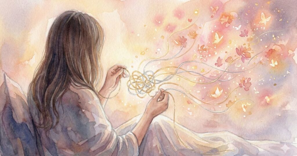 絡まった糸をほどきながら、心の混乱と向き合う女性を描いた水彩イラスト