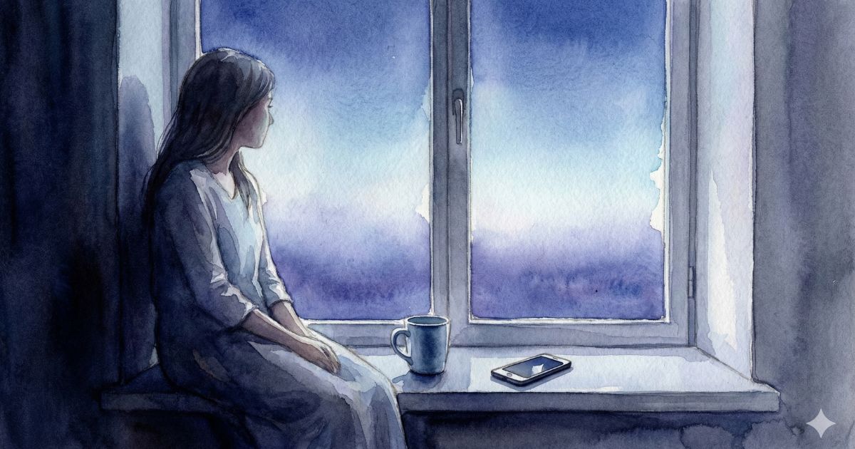窓辺に腰かけ、外の空を見つめながら返事を待つ女性と、そばに置かれたスマートフォンとマグカップ