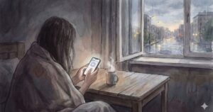 夜の部屋でスマートフォンを見つめながら返信を待つ女性