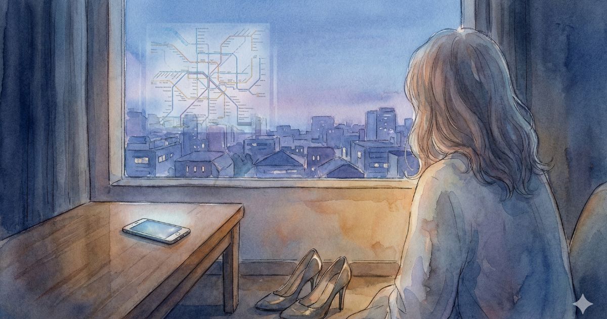 窓辺の部屋で、机の上に置かれたスマートフォンと夜の街を見つめる女性の後ろ姿