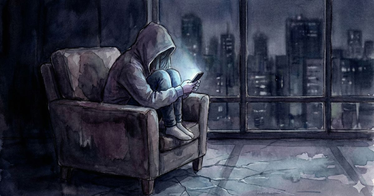 夜の部屋でフードをかぶった女性が、窓の外の街明かりを背にスマートフォンを見つめている